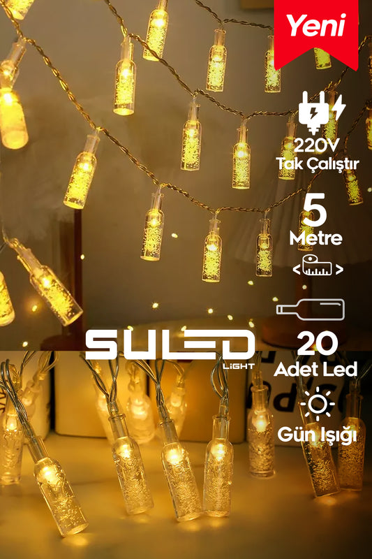 20 Led Şişe Figürlü Işık Dizisi 5 Metre 220V Fişli Dekor ve Süsleme Işığı Gün Işığı Rengi Led Işık