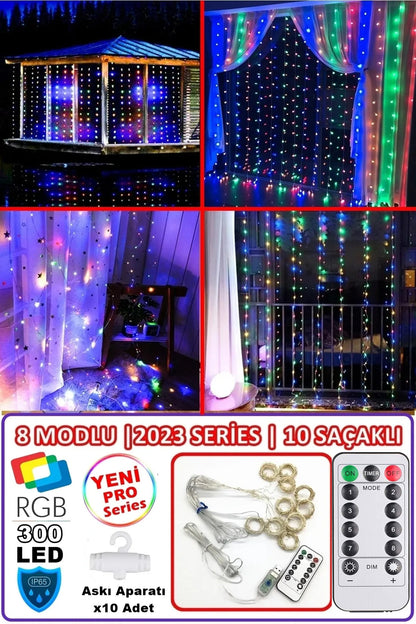Rgb Perde Led 3x3 Mt 300 Ledli 8 Modlu10 Saçaklı Kumandalı Peri Mutfak Işık Dekoratif Lamba