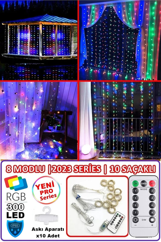 Rgb Perde Led 3x3 Mt 300 Ledli 8 Modlu10 Saçaklı Kumandalı Peri Mutfak Işık Dekoratif Lamba