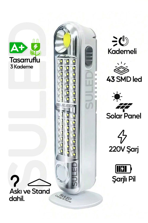 Acil Durum Led & Kamp Lambası Güneş Şarjlı Işıldak 2 Kademeli Aydınlatma Tamir Ev Kamp El Feneri