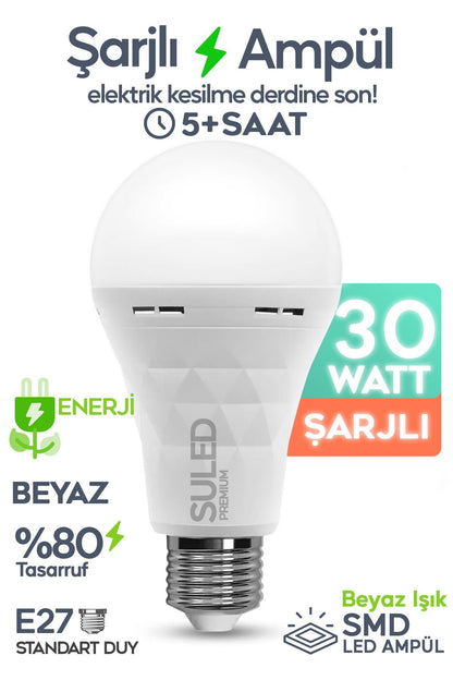 Şarjlı Ampül 30w Ultra Acil Durum & Kamp Işığı 220v Beyaz E27 Duy Otomatik %80 Tasarruflu