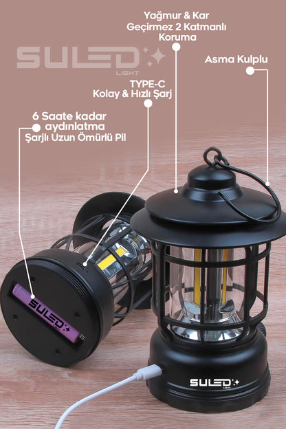 Retro Kamp Lambası Şarjlı & Pilli Fanus Fener Dimmer Özellikli Suya Dayanıklı