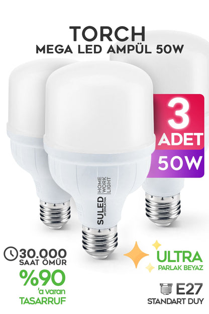50w Torch Büyük Ampül 3 Adet Ultra Güçlü Led Işık Tasarruflu 6500k Beyaz Işık Büyük Ampül E27
