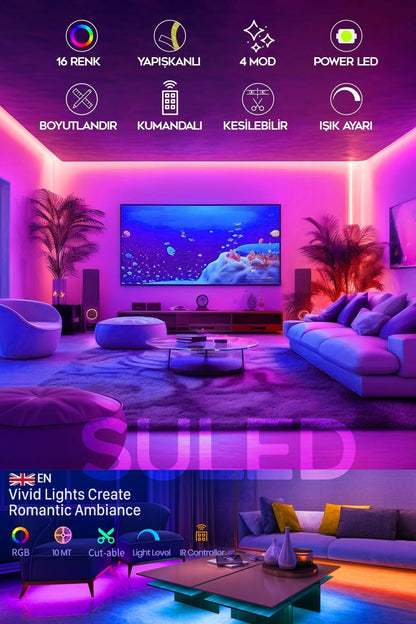 10 Metre Şerit Led 16 Mod Ambiyans Ortam Işığı Tak Çalıştır Kumandalı Trafolu Rgb Şerit Işık