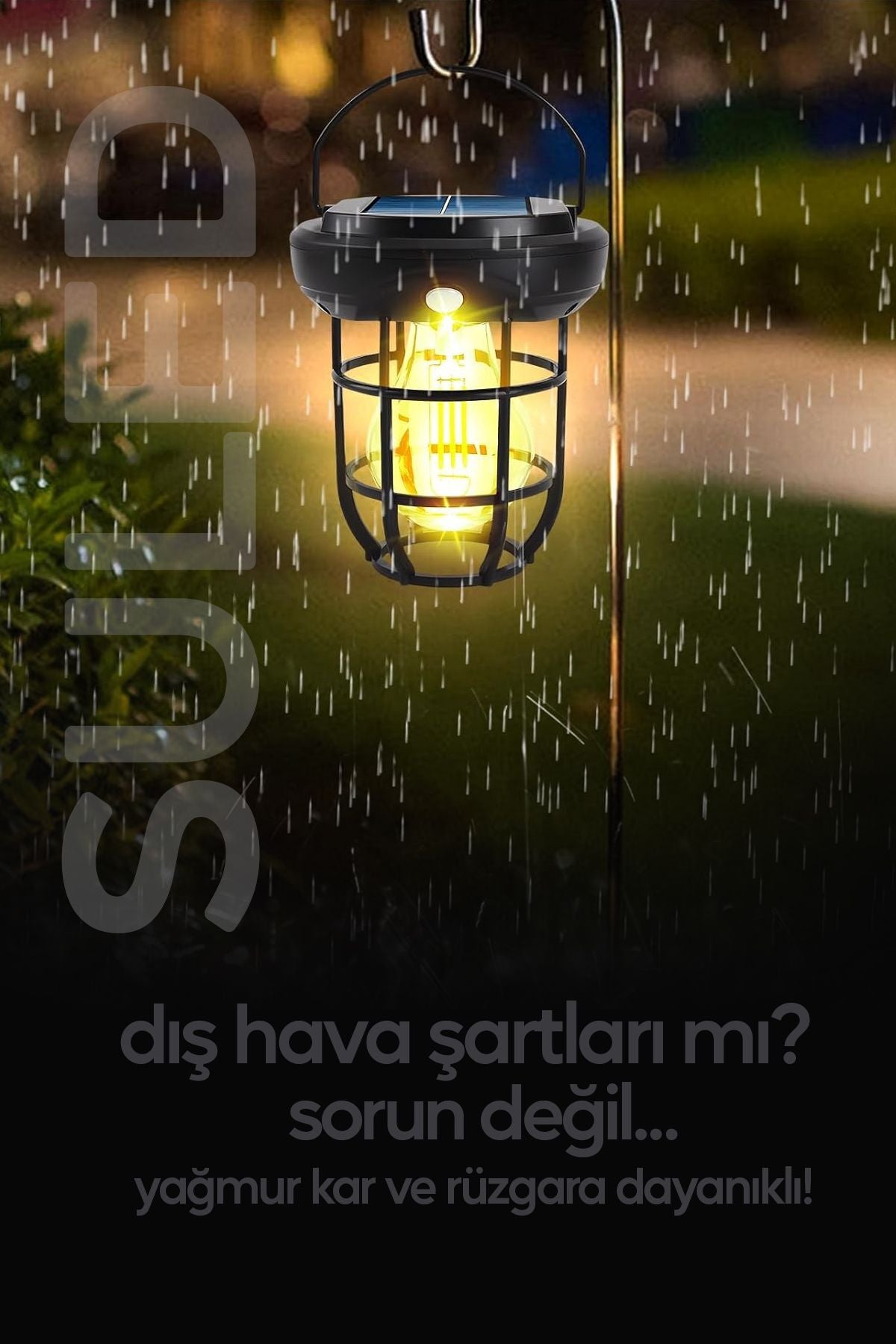 Solar Şarjlı Hareket Sensörlü Led Fener Işık 15W Askılı 3 Modlu Otomatik Led Kamp Bahçe Lambası