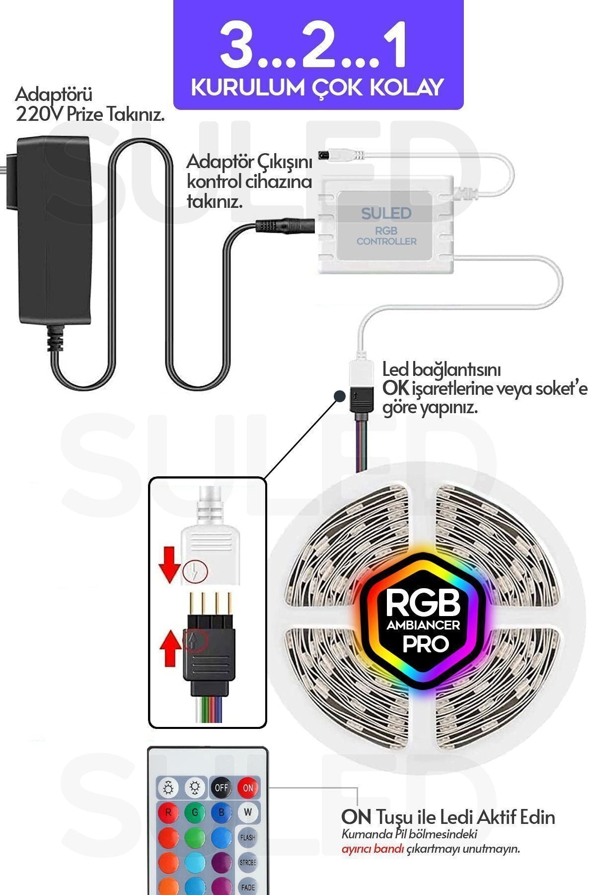 Şerit Led 5 Metre Animasyonlu Tak Çalıştır Kumandalı Trafolu Rgb Şerit Işık Aydınlatma Parti Led
