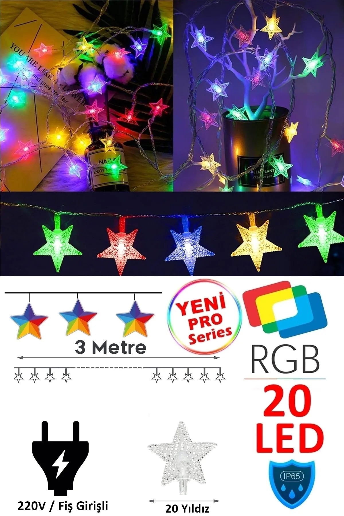 Fişli Rgb Yıldız Led 3 Mt 20 Led Dekoratif Yıldızlı Yılbaşı Cam Ağacı Yılbaşı Süs Led Işık Şerit Led
