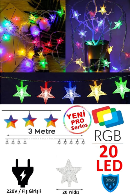 Fişli Rgb Yıldız Led 3 Mt 20 Led Dekoratif Yıldızlı Yılbaşı Cam Ağacı Yılbaşı Süs Led Işık Şerit Led