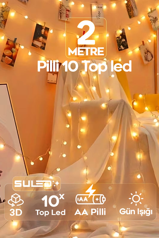 2 Metre Pilli Top LED Işık 10 LED Gün Işığı – Oda ve Ortam İçin Dekoratif Süsleme Işığı