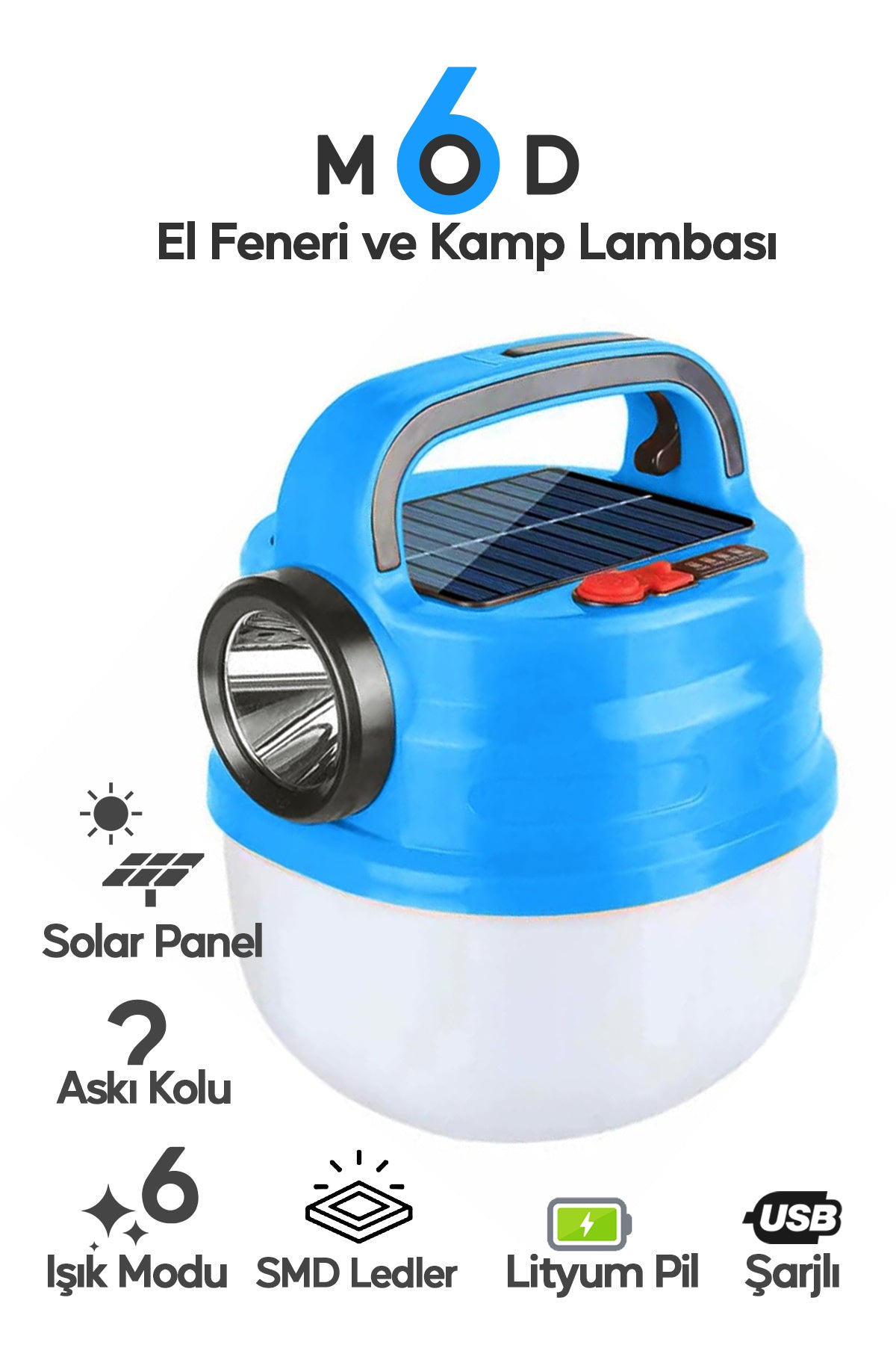 6 Modlu El Feneri ve Kamp Lambası USB & Solar Şarjlı SMD Led Askılı Taşınabilir Işık