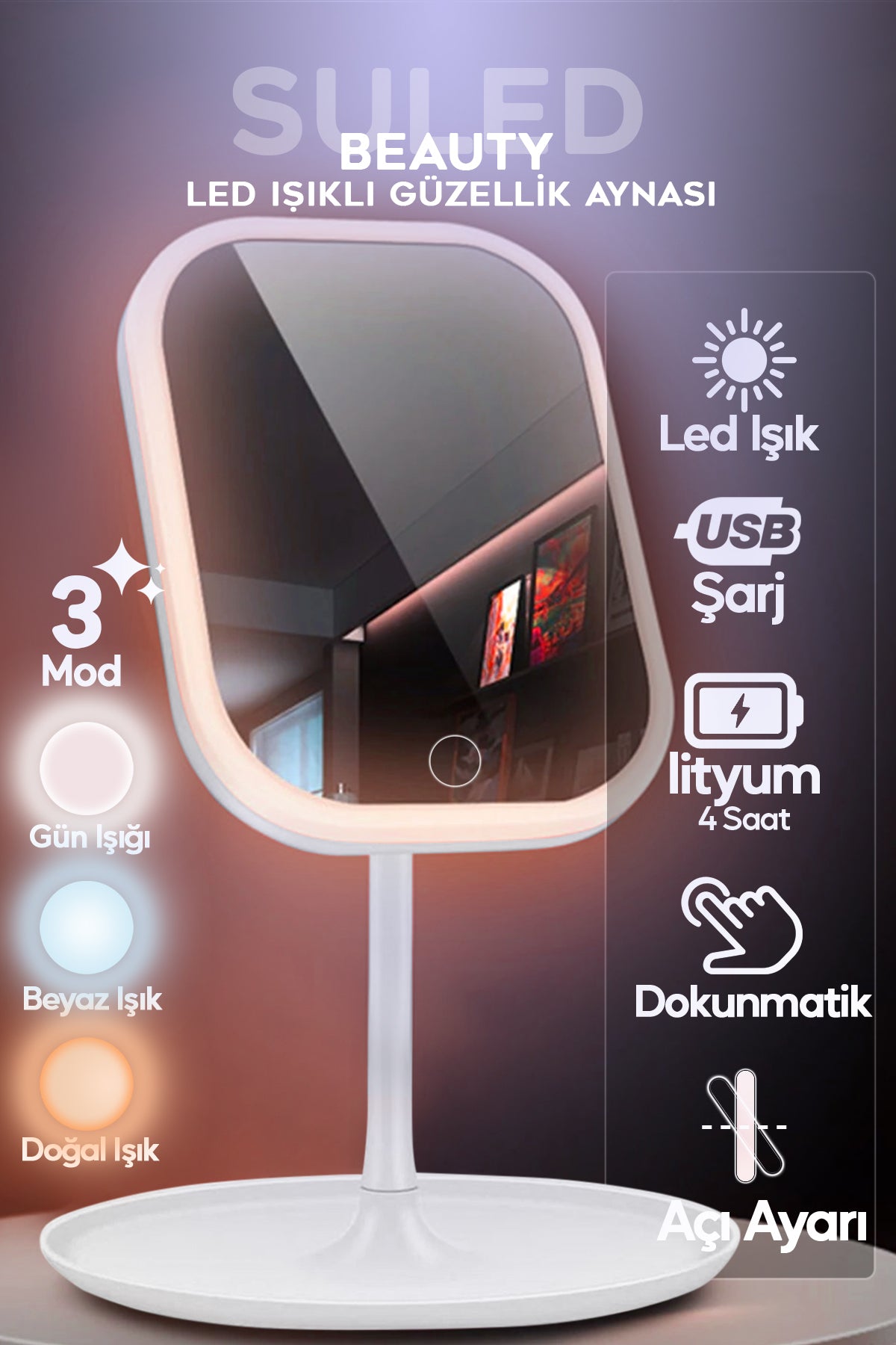 Makyaj Aynası 3 Modlu Led Işıklı USB Şarjlı Yuvarlak Taşınabilir Açı Ayarlı Güzellik Aynası