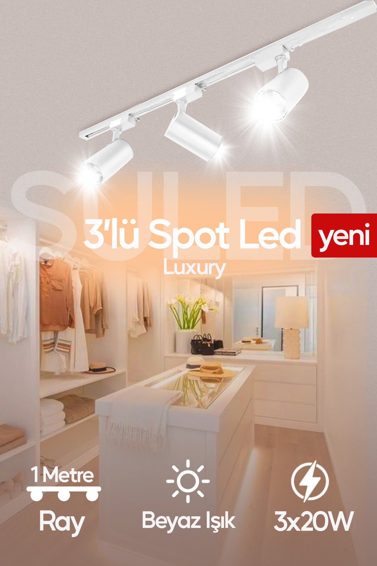 Spot Işık 3'lü Set Beyaz Led Işıklı Beyaz Kasa 30w 1 Metre Raylı 3 Adet Ray Spot Lamba Armatür