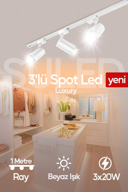 Spot Işık 3'lü Set Beyaz Led Işıklı Beyaz Kasa 30w 1 Metre Raylı 3 Adet Ray Spot Lamba Armatür
