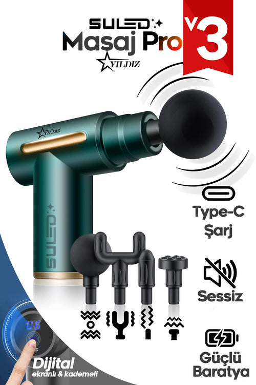 Masaj Cihazı Masaj Tabancası Masaj Pro 3 Şarjlı 4 Başlıklı 6 Kademeli Masaj Aleti Sessiz