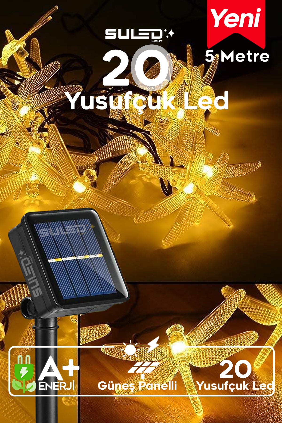 Yusufçuk Led Işıklar 5 Metre Solar Enerjili Bahçe Aydınlatması Led Işık Gün Işığı Dekoratif Led