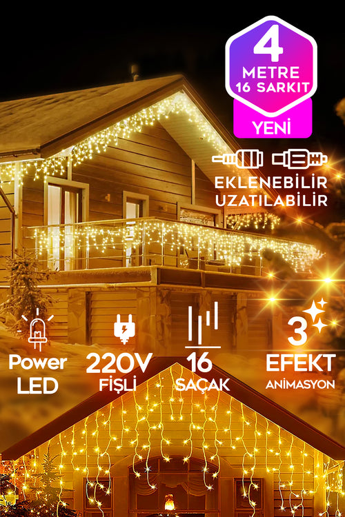 Sarı Led Işık Sarkıt Efekt Modlu 4 Metre Power Led 16 Saçak Süsleme 220v Fişli