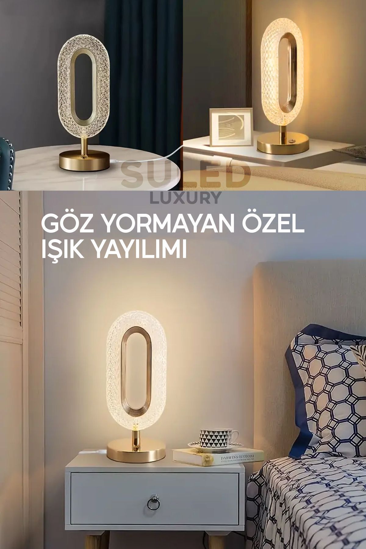 Crystall Akustik Masa Lambası 3 Modlu USB Şarjlı Oval Dekoratif Şık Masa Lambası Kristal Efekt