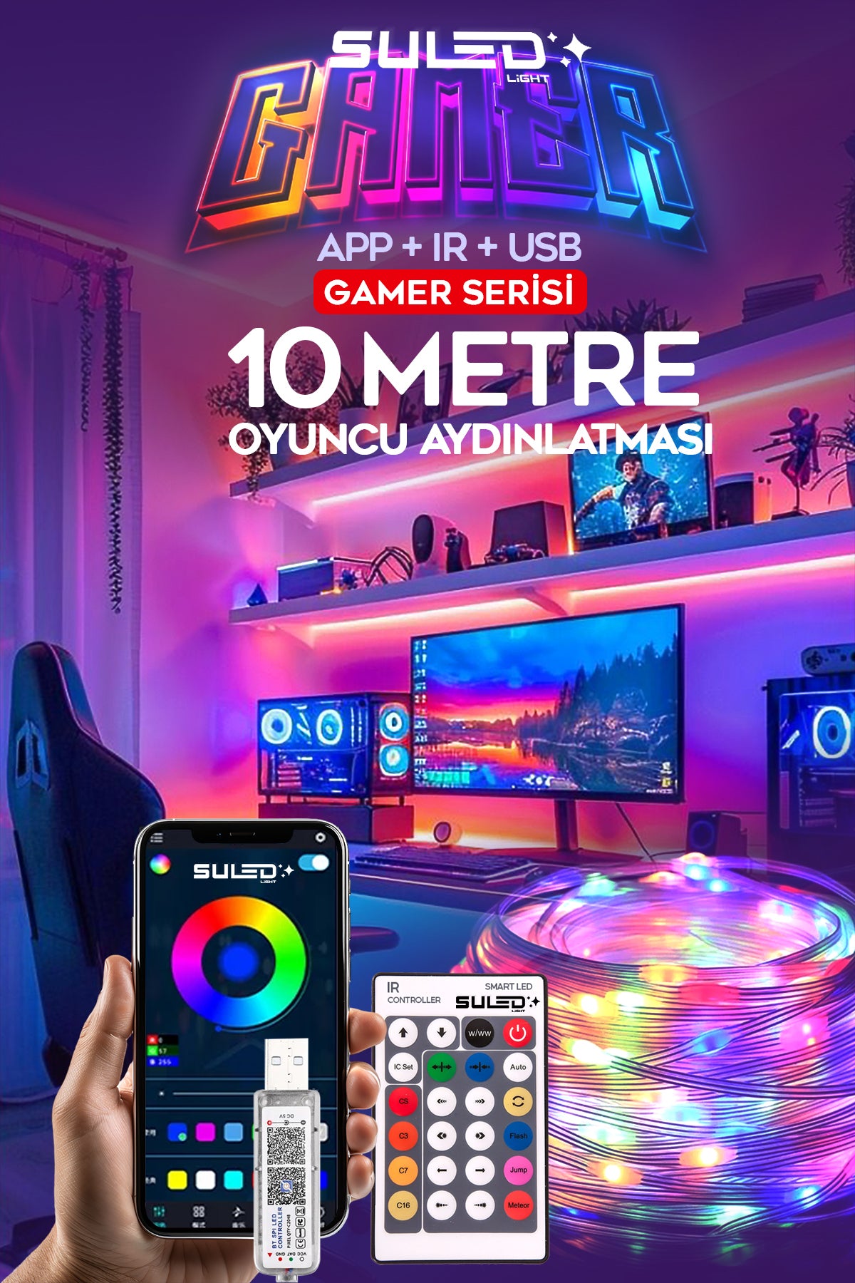 Gamer Led Aydınlatma 10 Metre RGB LED Bluetooth Uygulama ve Kumanda Kontrollü USB Sese Duyarlı