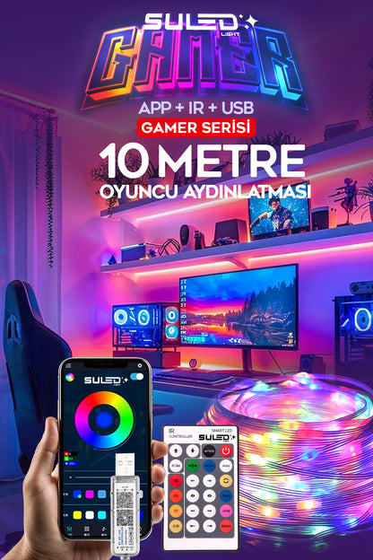Gamer Led Aydınlatma 10 Metre RGB LED Bluetooth Uygulama ve Kumanda Kontrollü USB Sese Duyarlı