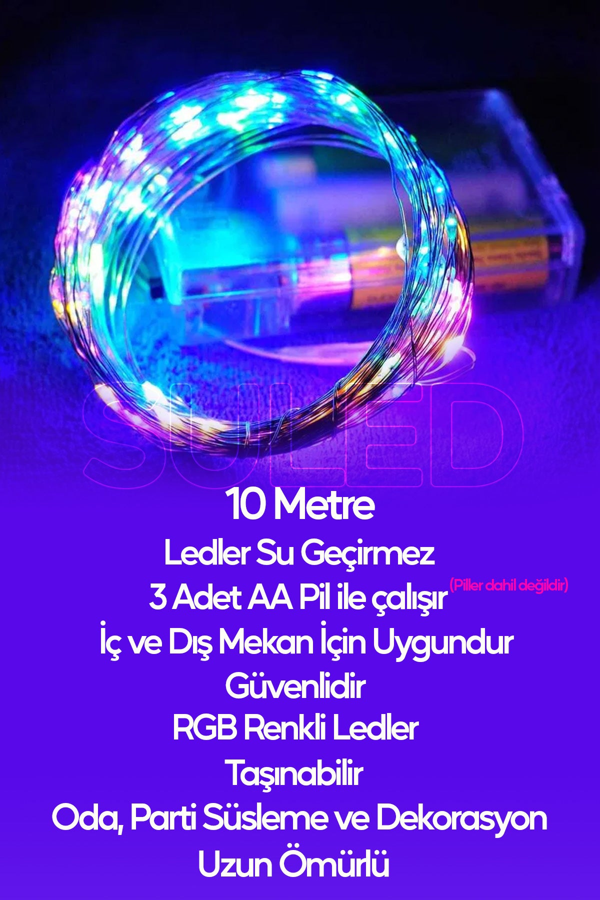 Rgb Pilli Led Işık 10 Metre Iç & Dış Mekan Parti Dekor Kutlama Işığı Renkli Led Dekorasyon Sl-1056