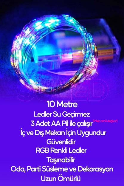 Rgb Pilli Led Işık 10 Metre Iç & Dış Mekan Parti Dekor Kutlama Işığı Renkli Led Dekorasyon Sl-1056