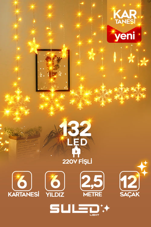 Kar Tanesi 2,5 Metre 132 Led 12 Sarkıt Oda Parti Kutlama Dekor Süsleme Ledi 220v Sarı Led Işık