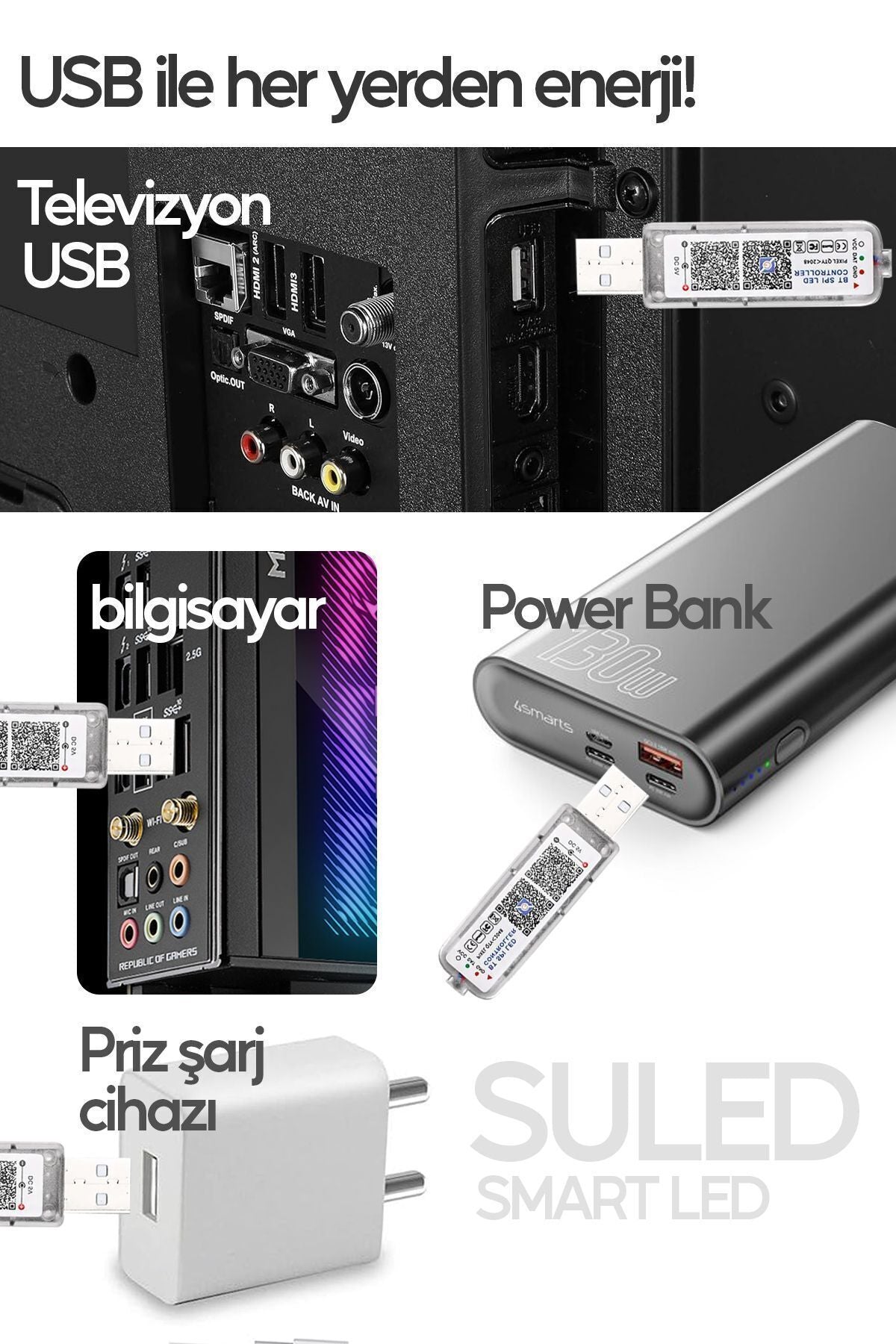 1 Metre TV Arkası & Ortam Ambiyans Bluetooth IOS & Android Telefondan Kontrollü RGB Smart Şerit Led