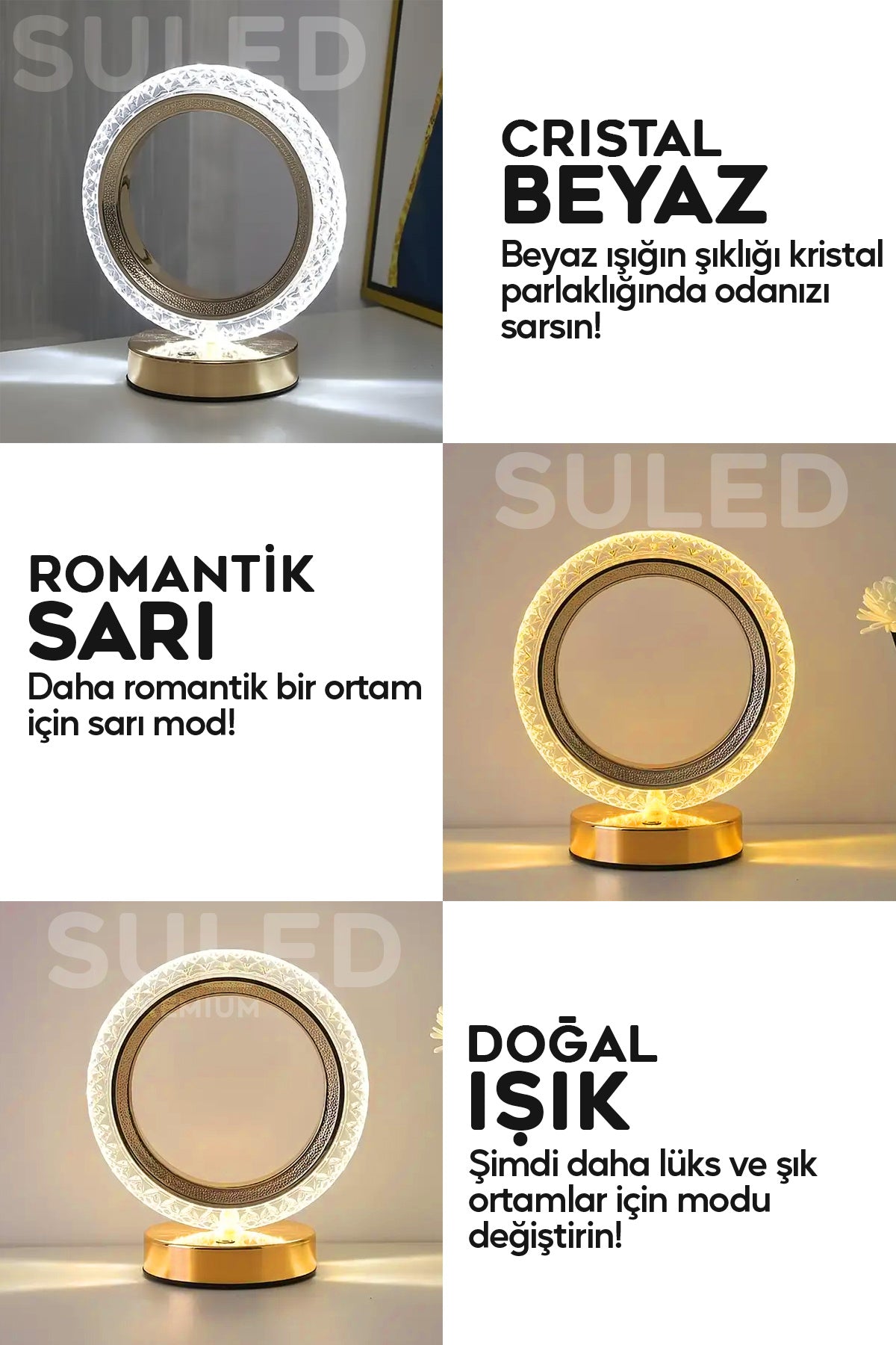 Crystall Akustik Masa Lambası 3 Modlu USB Şarjlı Oval Dekoratif Şık Masa Lambası Kristal Efekt