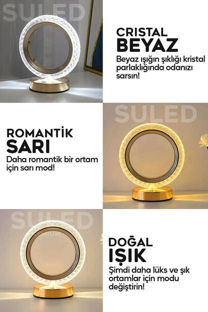 Crystall Akustik Masa Lambası 3 Modlu USB Şarjlı Oval Dekoratif Şık Masa Lambası Kristal Efekt