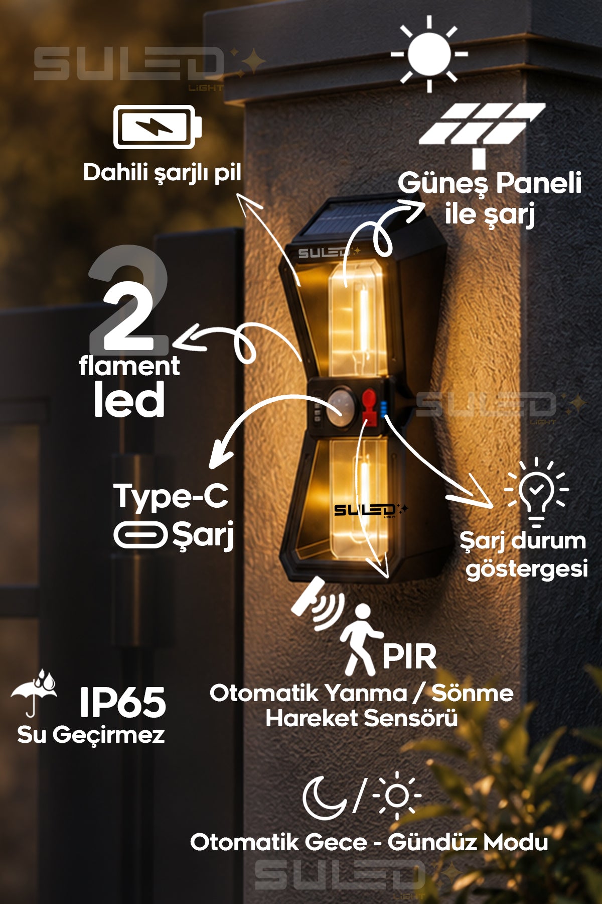 Sensörlü 2 Led Solar Panelli Pilli Otomatik Bahçe Aydınlatması Duvar Led Işık