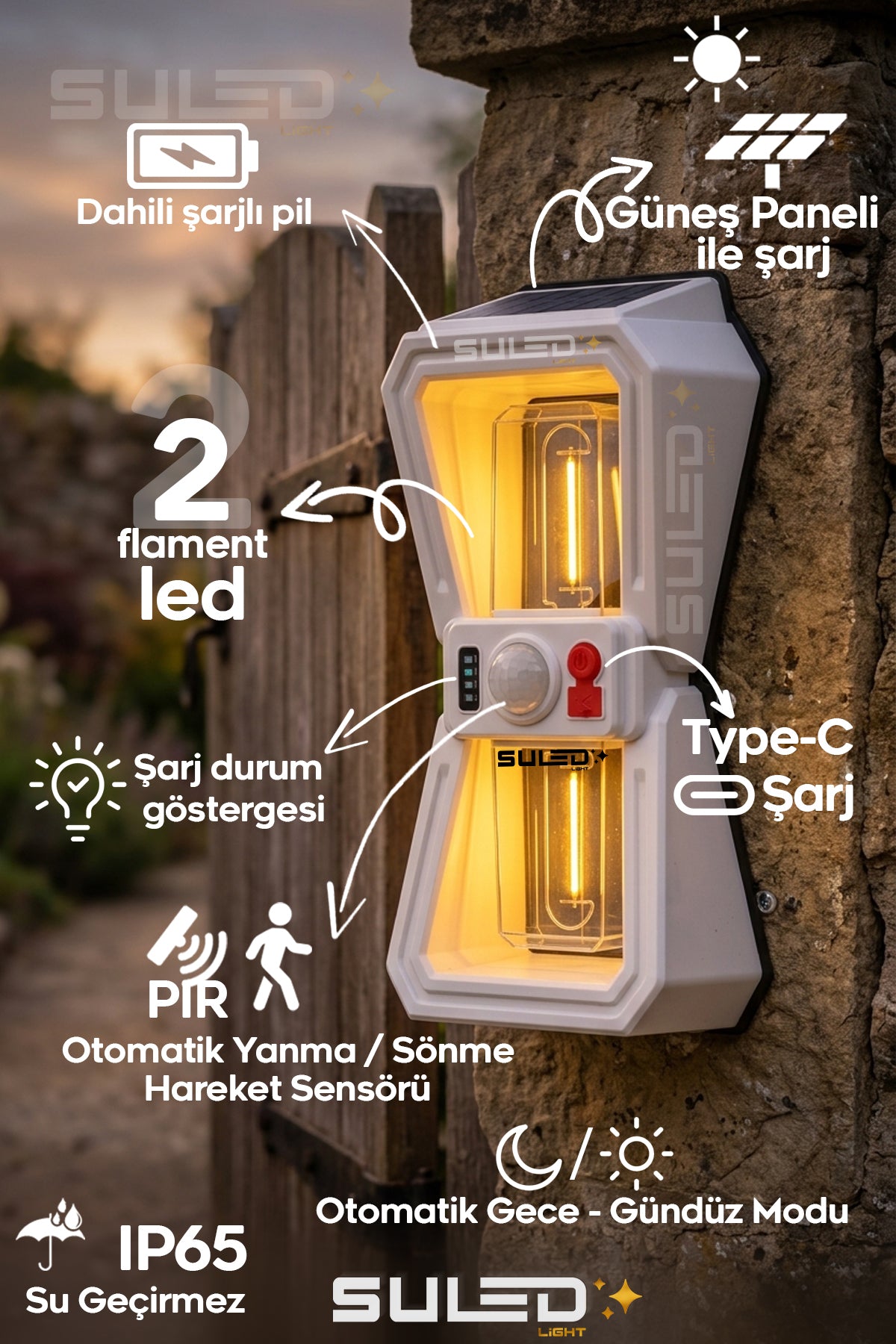 Sensörlü 2 Led Solar Panelli Pilli Otomatik Bahçe Aydınlatması Duvar Led Işık