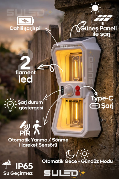Sensörlü 2 Led Solar Panelli Pilli Otomatik Bahçe Aydınlatması Duvar Led Işık