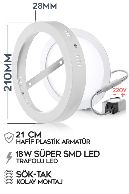 Led Tavan Armatürü 18W Beyaz Işık 1650lm 220V A+ Tavan 21CM 6500K Ev Ofis Atölye Balkon IP20