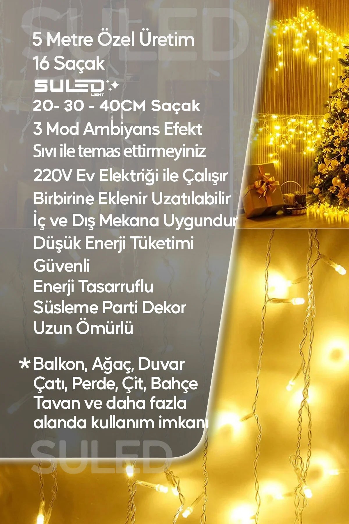 Sarkıt Led Işık 5 Metre Premium Efekt Modlu Power Led 16 Saçak İç & Dış Süsleme 220v Fişli