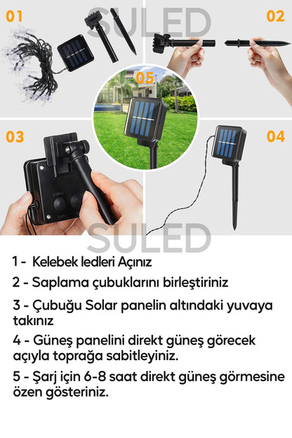 Kelebek Led Işık Dekoratif Bahçe Balkon Ağaç Aydınlatması Sarı Işık Güneş Enerjili Modlu