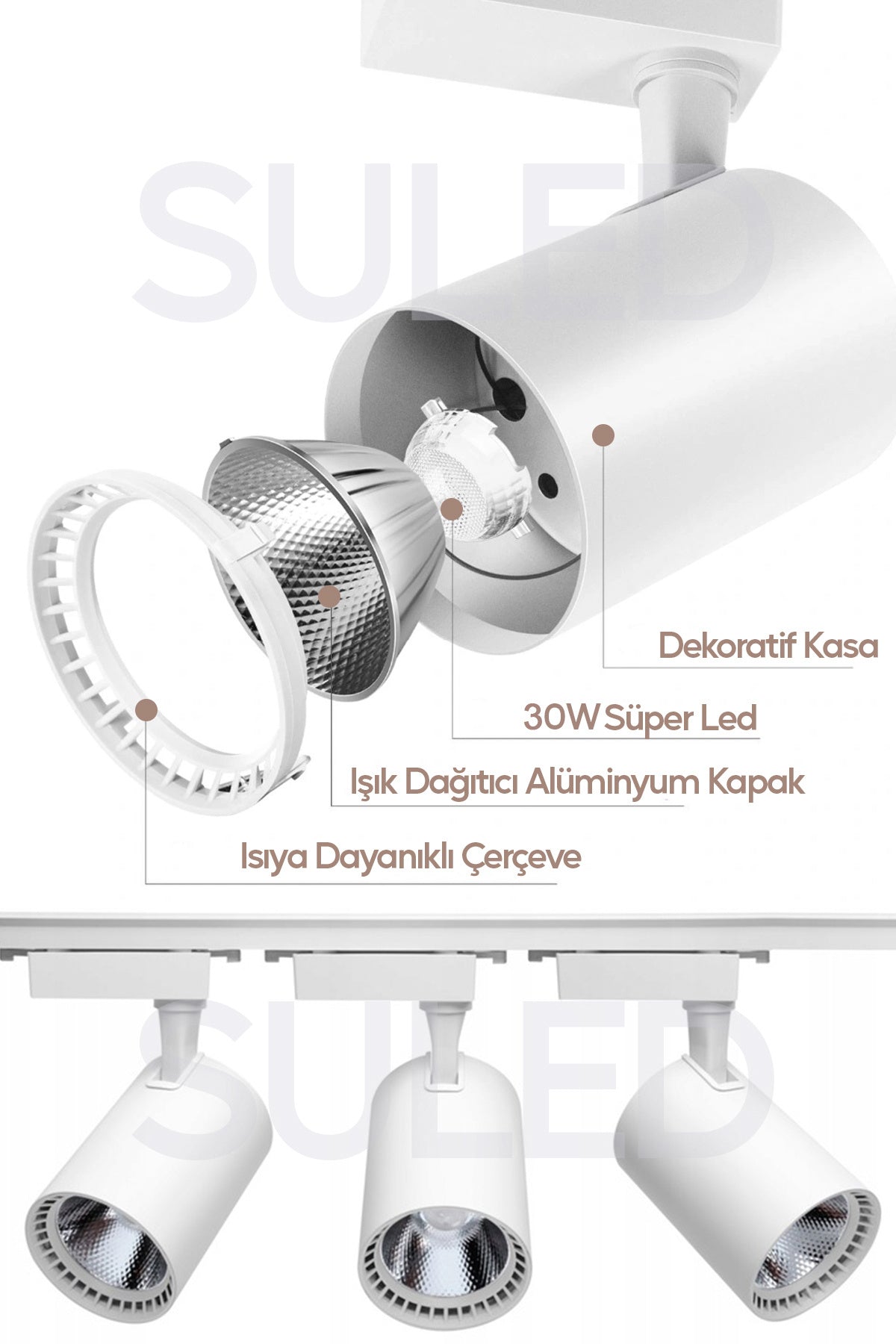 Ray Spot Işık Beyaz Kasa - Beyaz Işık 360/90 Dönebilen 30W Ray Spotu Led Işık Pro 220V
