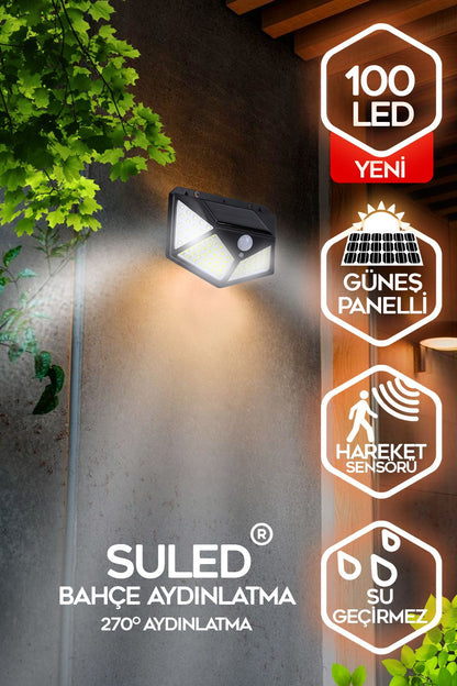 Sl-1004 Güneş Enerjili Solar Lamba 100 Ledli Sensörlü Duvar Tipi Su Geçirmez Sokak Bahçe Lambası