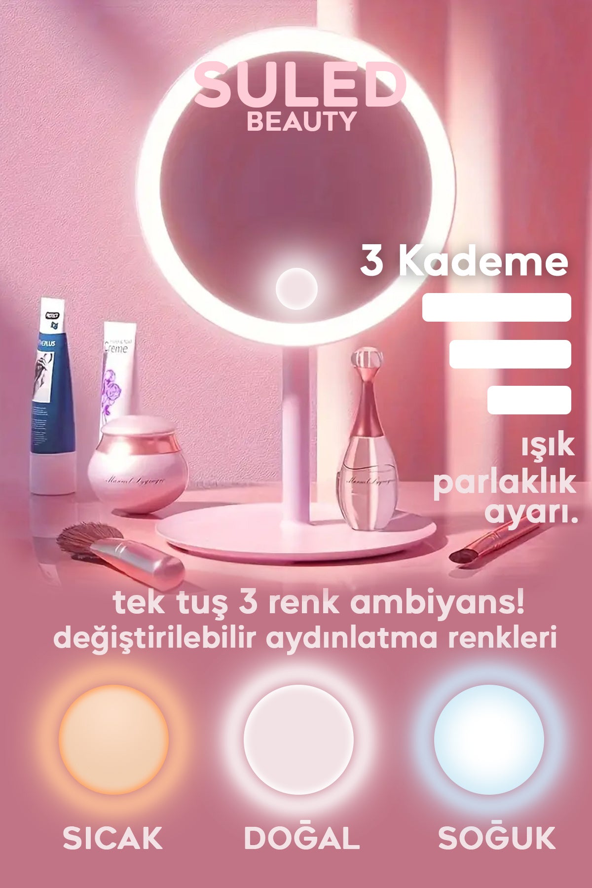 Makyaj Aynası 3 Modlu Led Işıklı USB Şarjlı Yuvarlak Taşınabilir Açı Ayarlı Güzellik Aynası