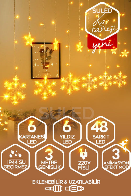 Kar Tanesi Led Sarkıt Oda Parti Kutlama Dekor Süsleme Ledi 3 Metre 3mod 220v Sarı Led Işık