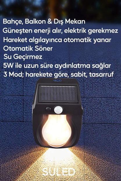 Hareket Sensörlü Bahçe Aydınlatması 5W Lityum Pilli Led Işık Solar Şarjlı Otomatik Dış Mekan Lamba