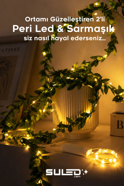 7 Metre Yapay Sarmaşık Çiçek ve Pilli Peri LED Gün Işığı 2'li Dekoratif Set