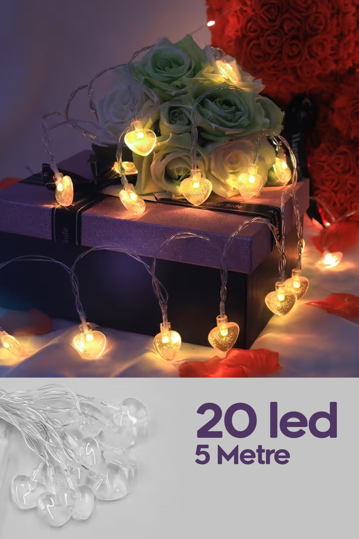 5 Metre Kalpli Led Işık 20 Kalp Dekoratif Süsleme Ledi 220V Fişli Gün Işığı Ortam Ambiyans Led