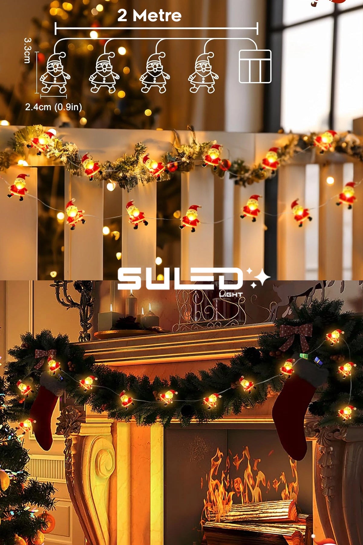 Noel Baba Figürlü Ledler 2 Metre Pilli Süsleme Ledi 20 Led 3D Oda Ağaç Dekoratif Süsleme Ledi