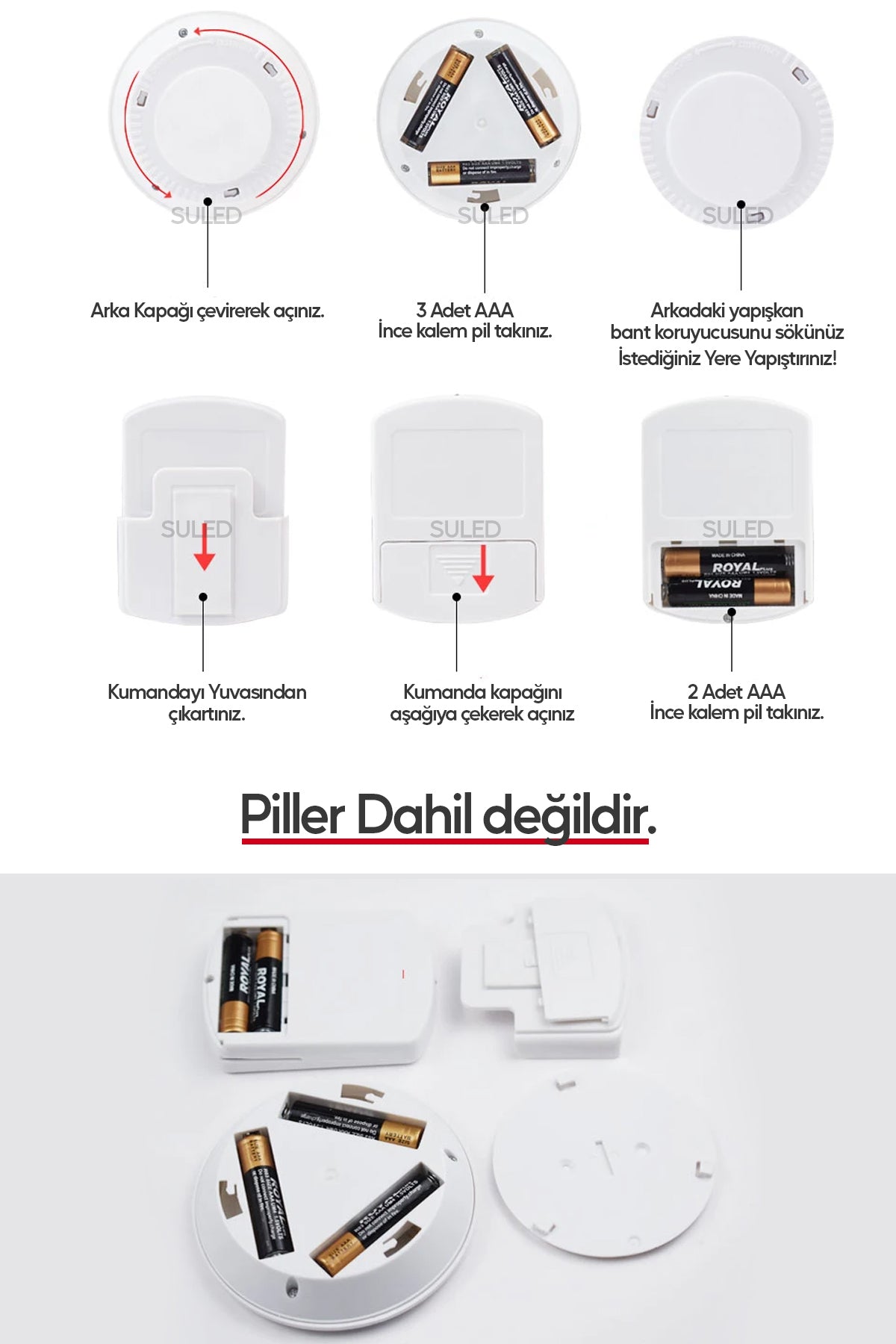 Pilli Uzaktan Kumandalı Montajsız Yapışkanlı 3'lü Spot Led Işık Lamba Raf Niş Dolap Mutfak Işığı