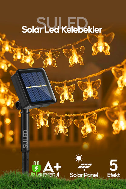 Kelebek Led Işık Dekoratif Bahçe Balkon Ağaç Aydınlatması Sarı Işık Güneş Enerjili Modlu