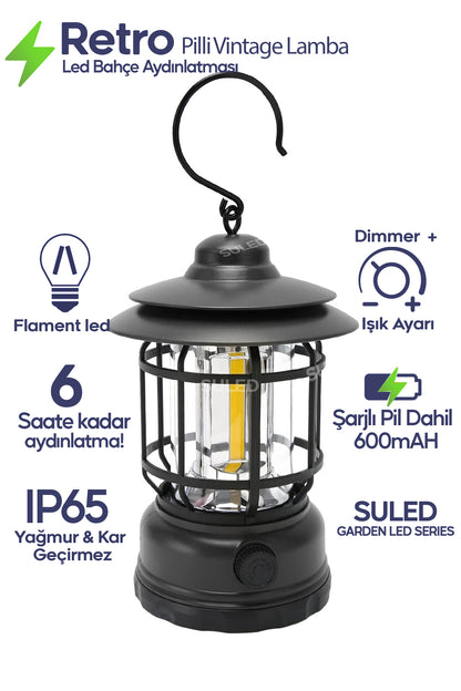 Retro Kamp Lambası Şarjlı & Pilli Fanus Fener Dimmer Özellikli Suya Dayanıklı