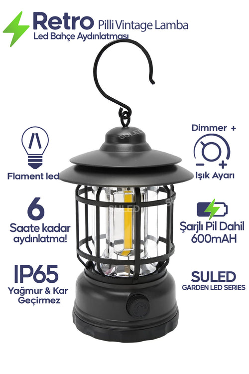 Retro Kamp Lambası Şarjlı & Pilli Fanus Fener Dimmer Özellikli Suya Dayanıklı
