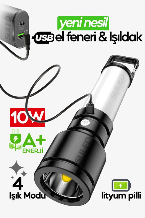 USB Şarjlı El Feneri ve Kamp Lambası 4 Modlu 10W A+ Led Işık Outdoor Askı Aparatlı Lityum Pilli