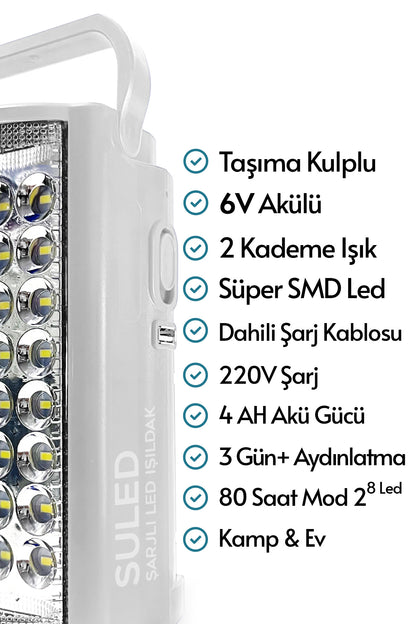 Kamp Lambası Usb Şarjlı 6v Akülü 80 Saat - 3gün Aydınlatma 24 Smd Led Işıldak Lamba 220v Şarj