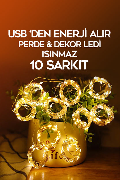 Sl-1034- 300 Ledli 10 Saçaklı Sarı Led Kumandalı 8 Modlu Perde Led Peri Mutfak Işık Dekoratif Lamba